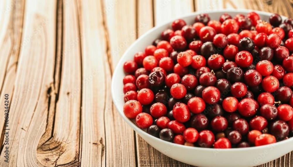 Fresh cranberries in a white bowl placed on rustic wooden boards. AI generated. Fresh cranberries in a white bowl placed on rustic wooden boards. AI generated.