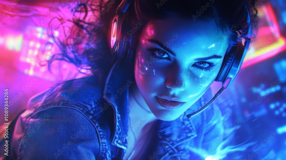 The young woman wears a gaming headset and focuses intently on her screen, surrounded by neon lights that cast a colorful glow. Her expression shows concentration as she engages in a gaming session. The young woman wears a gaming headset and focuses intently on her screen, surrounded by neon lights that cast a colorful glow. Her expression shows concentration as she engages in a gaming session.