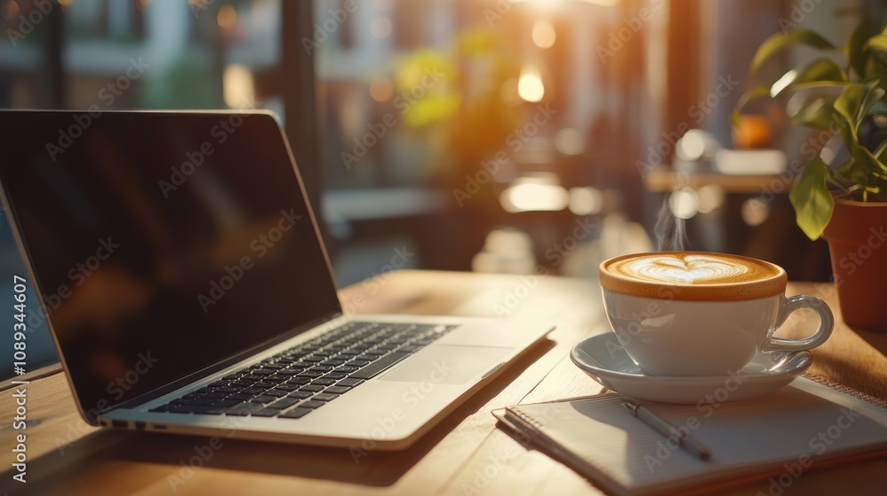 Cozy Coffee Shop Atmosphere: Laptop, Latte, and Notebook Cozy Coffee Shop Atmosphere: Laptop, Latte, and Notebook