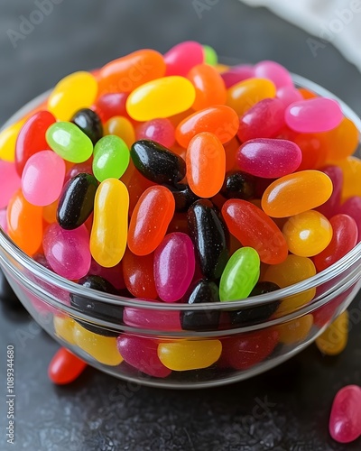 A bowl filled with colorful jelly beans, showcasing a variety of vibrant candies. photo