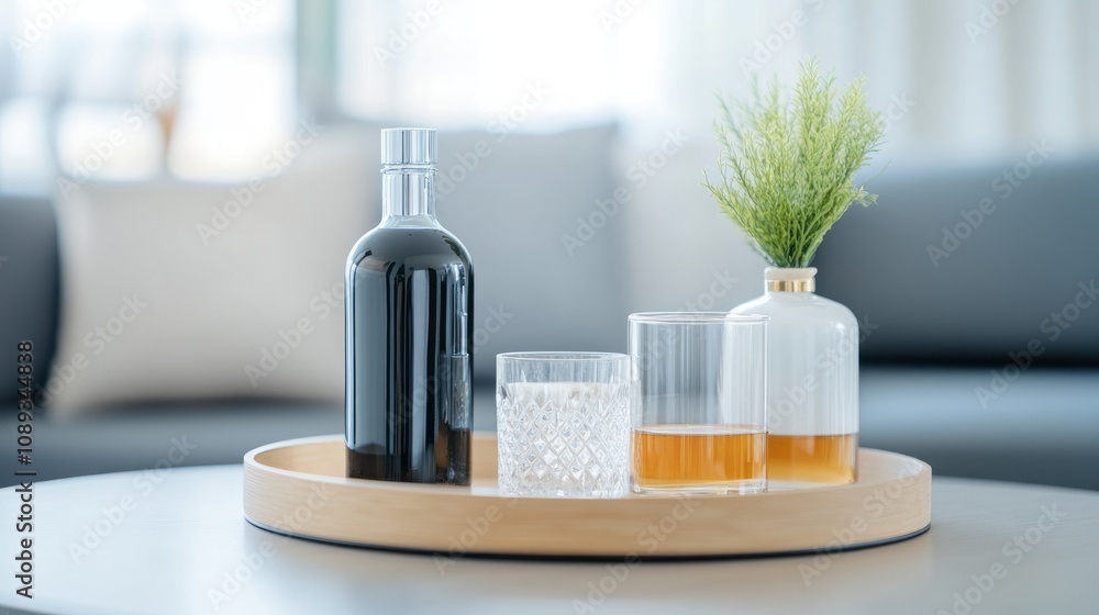 A stylish arrangement of beverage bottles and glasses on a wooden tray, adorned with a green plant, creating a modern, inviting decor. A stylish arrangement of beverage bottles and glasses on a wooden tray, adorned with a green plant, creating a modern, inviting decor.
