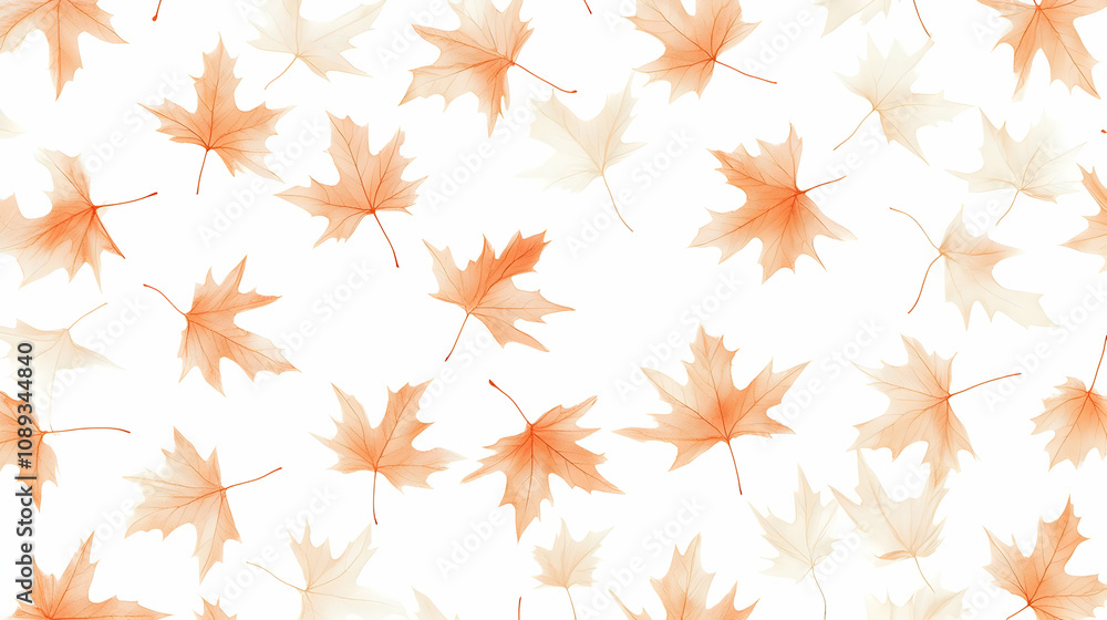 Translucent orange and beige maple leaves falling on white background. Translucent orange and beige maple leaves falling on white background.