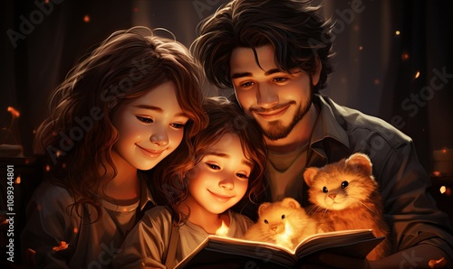 Man Reading Book to Two Girls and Teddy Bear