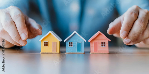 Hands surrounding small house models representing financial choices and investment opportunities. colorful houses symbolize diversity in housing options