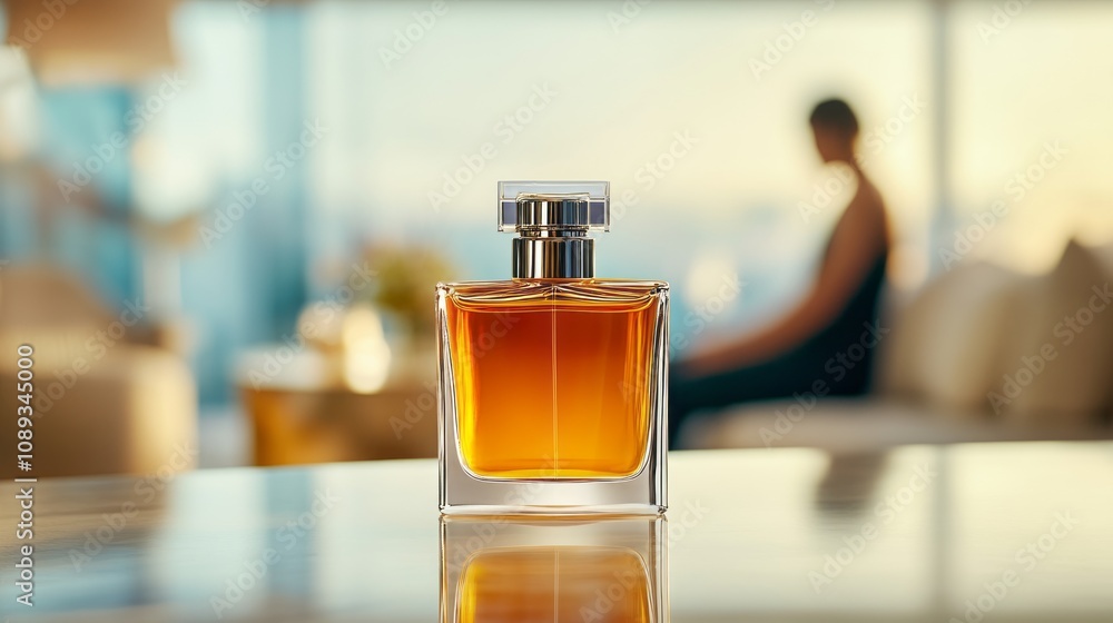 A stylish perfume bottle sits on a table with a blurred figure in the background, creating a sophisticated and elegant atmosphere. A stylish perfume bottle sits on a table with a blurred figure in the background, creating a sophisticated and elegant atmosphere.