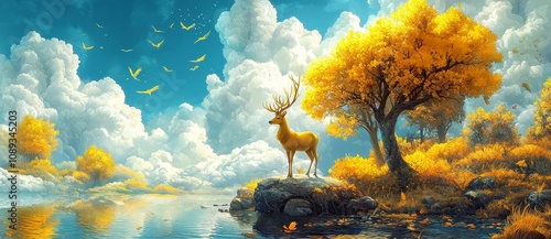 This is a 3D art mural wallpaper of a Chinese landscape, with a light background, as well as colorful golden stones, birds, trees and moon, and clouds in the sky. photo