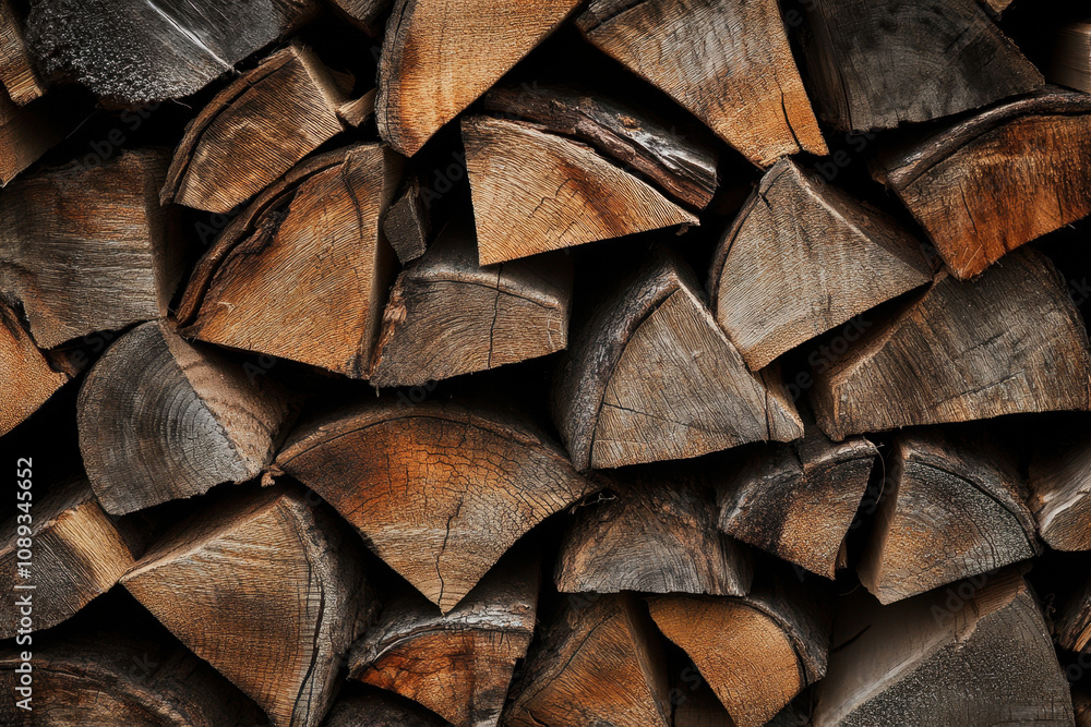 Fototapeta premium Close-up of stacked firewood showcasing natural textures and earthy tones, capturing the rustic charm and detailed grain patterns of the wood.