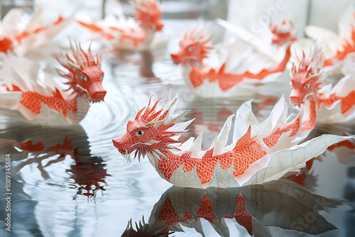 Floating display of red-white dragon origami. photo