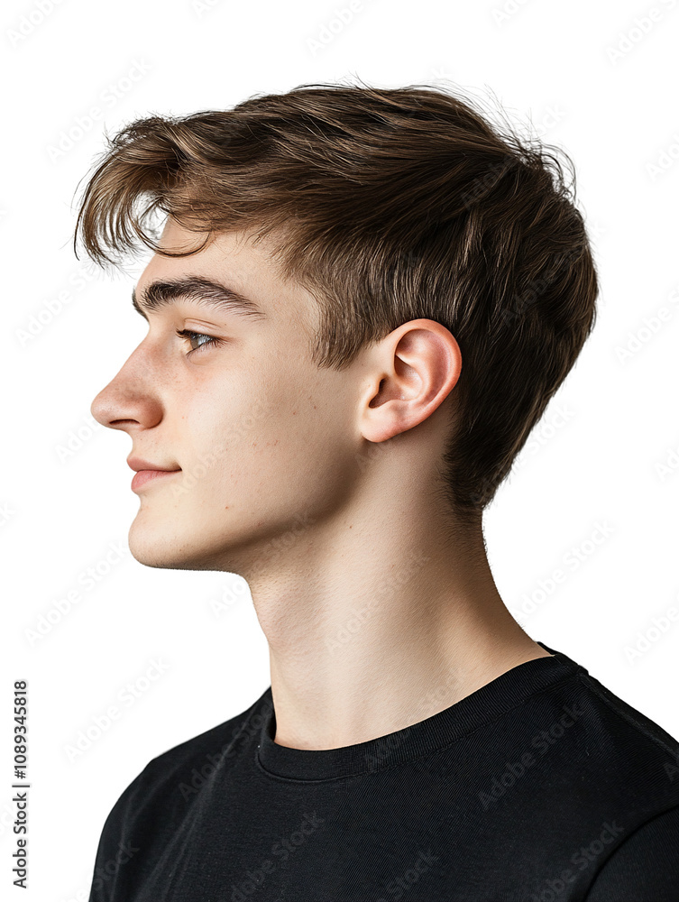 Fototapeta premium Smiling Young Man in Black T-Shirt Profile