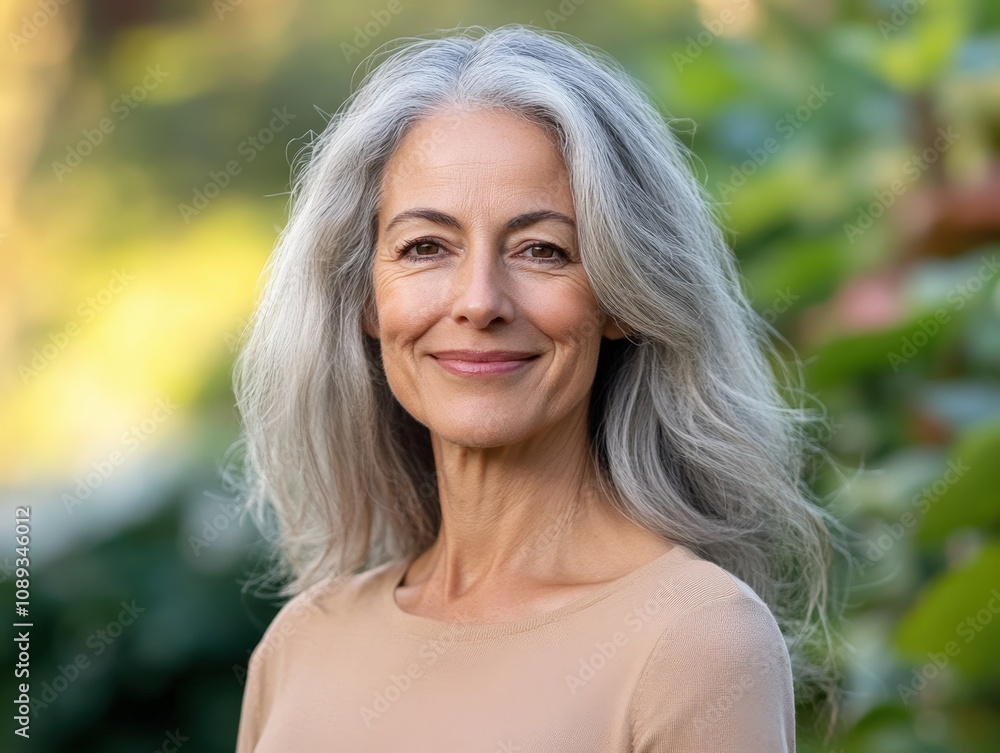 portrait of a confident woman with long gray hair smiling in a natural setting portrait of a confident woman with long gray hair smiling in a natural setting