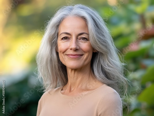 portrait of a confident woman with long gray hair smiling in a natural setting