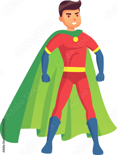 Confident superhero standing with cape flowing, ready for action, symbolizing strength, courage, and heroism in a vibrant illustration