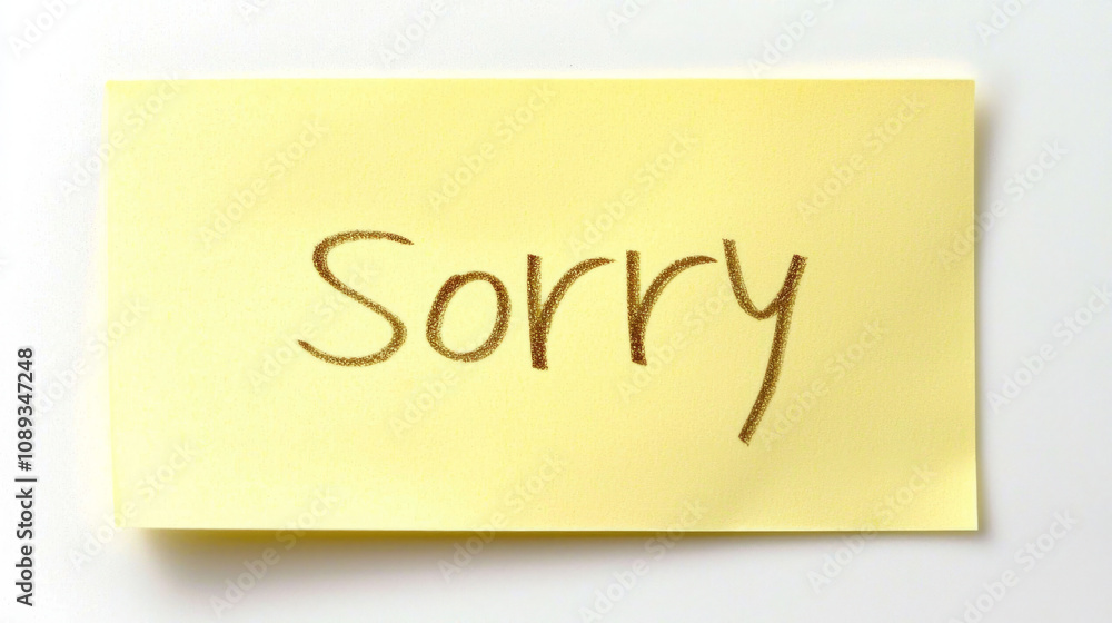 Note expressing apology on sticky paper in bright setting Note expressing apology on sticky paper in bright setting