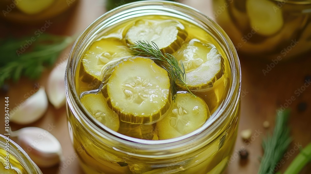 Overhead shot of pickled vegetables in jars, with fresh herbs and garlic cloves scattered, creating a vibrant, homestyle setting. Overhead shot of pickled vegetables in jars, with fresh herbs and garlic cloves scattered, creating a vibrant, homestyle setting.