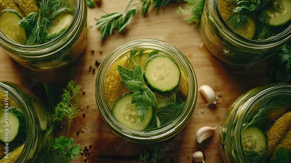 Overhead shot of pickled vegetables in jars, with fresh herbs and garlic cloves scattered, creating a vibrant, homestyle setting. Overhead shot of pickled vegetables in jars, with fresh herbs and garlic cloves scattered, creating a vibrant, homestyle setting.