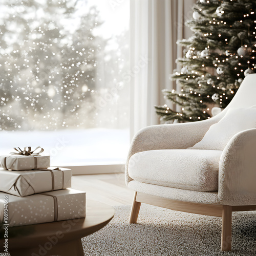 A cozy Christmas corner with a decorated tree, a comfortable armchair, and a stack of wrapped gifts. The background shows a window with snowflakes falling outside, adding to the festive and cozy mood. photo