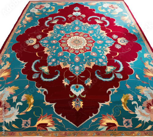 Iranian-style carpet with a vibrant color palette featuring a central medallion.