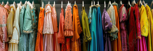 Costume Design Inspiration: A rack of colorful costumes, sketches, and swatches for an upcoming period drama.