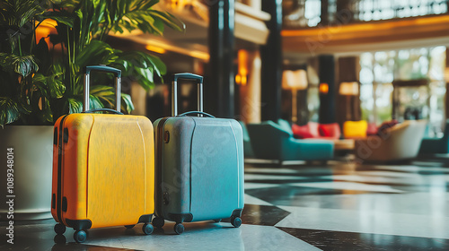 Two suitcases in a hotel lobby. Travel and adventure in a welcoming hotel. Travel concept