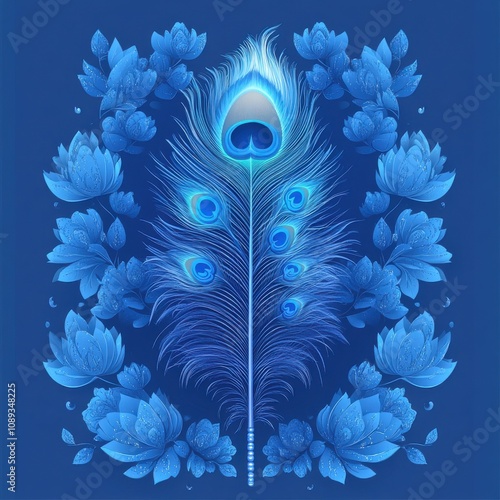 Elegant Blue Lotus and Peacock Feather Design - A Serene and Vibrant Floral Artwork photo