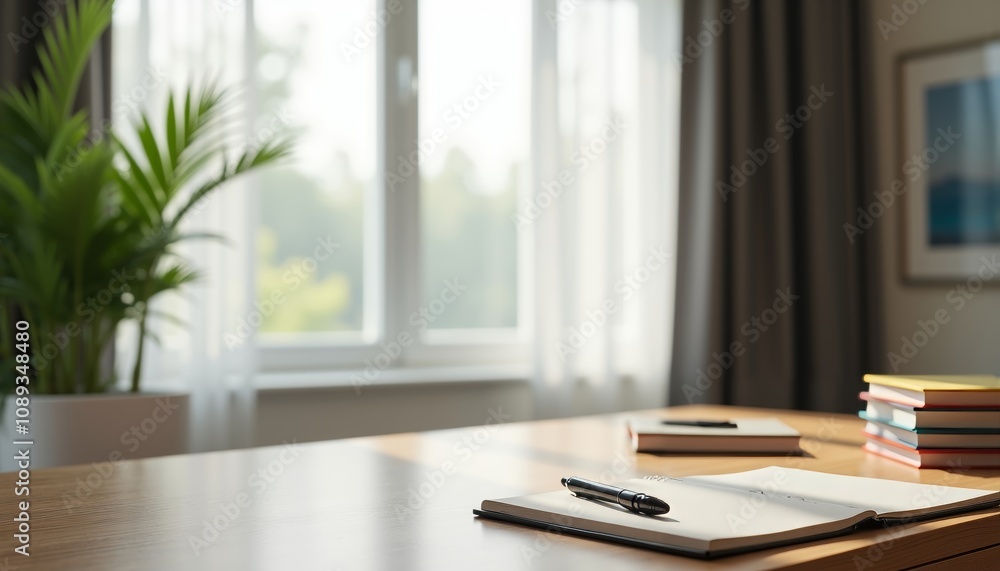 Serene Office Space with Wooden Desk, Organized Items and Plant. Serene Office Space with Wooden Desk, Organized Items and Plant.