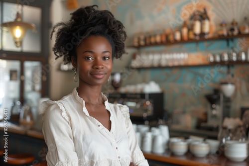 Young African American woman standing in an elegant cafe, wearing white blouse, looking confidently into camera, curly hair styled in natural updo, warm ambiance cafe interior with shelves lighting.