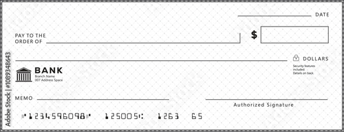 Blank bank check, checkbook cheque template with blue guilloche, vector mockup. Money payment bank check voucher or pay cash cheque certificate, account bill paycheck	