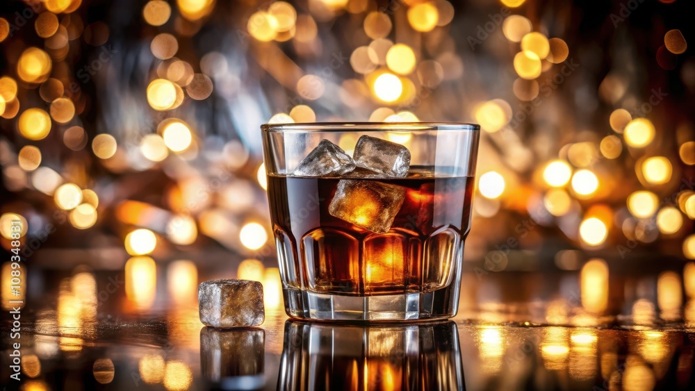 A glass of whiskey with ice cubes on a table with a bokeh background of warm lights A glass of whiskey with ice cubes on a table with a bokeh background of warm lights