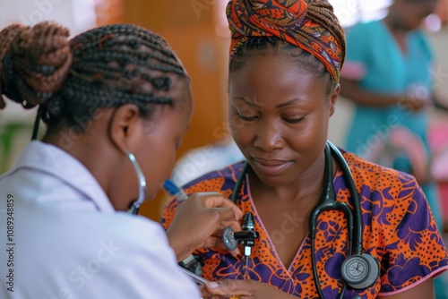 African female medical professional with stethoscope interacting with colleague in clinic, teamwork and dedication healthcare. Bright environment reflects positivity, collaboration in medical.