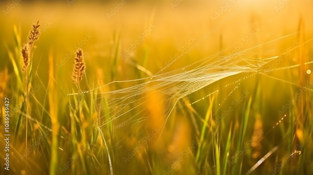 Dew Kissed Spiderweb in Golden Grassland Dew Kissed Spiderweb in Golden Grassland