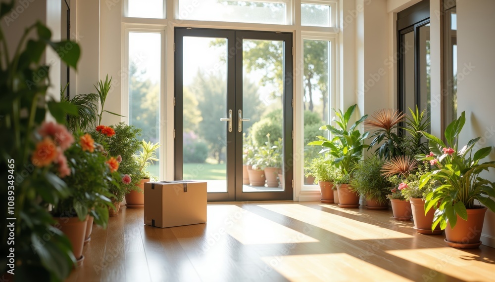 Serene Sunlit Entrance of Modern Home with Potted Plants and Box Serene Sunlit Entrance of Modern Home with Potted Plants and Box