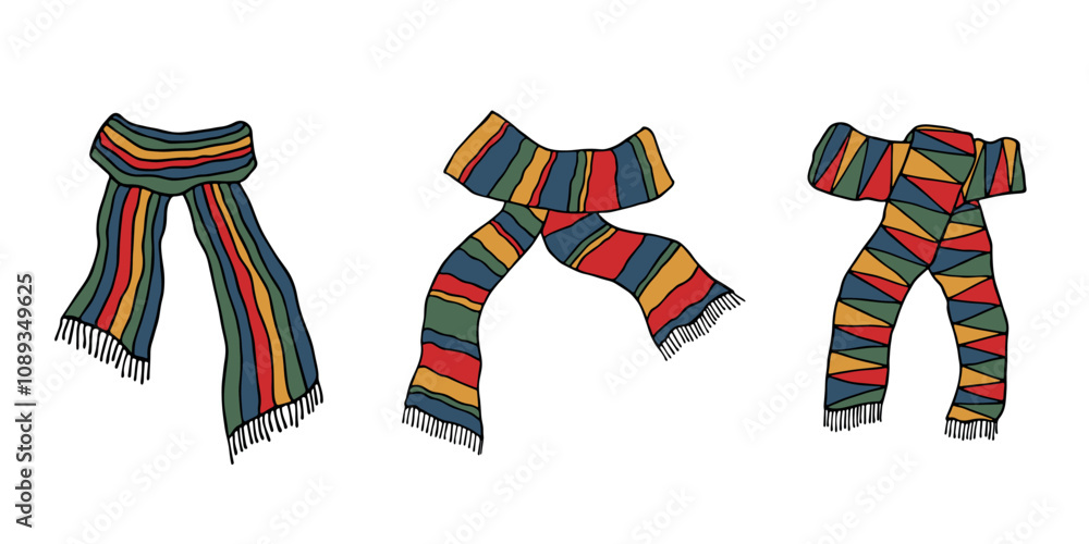Knitted scarf doodle set Hand drawn winter accessories Single design element for card, print, design, decor Knitted scarf doodle set Hand drawn winter accessories Single design element for card, print, design, decor