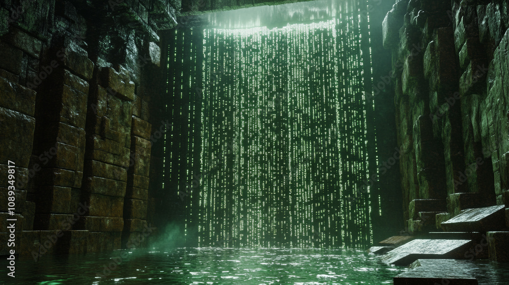 Digital Waterfall, Green Matrix Code, Ancient Ruins, Quantum Encryption, 3D Rendering Digital Waterfall, Green Matrix Code, Ancient Ruins, Quantum Encryption, 3D Rendering