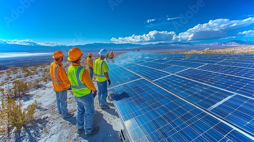 Workers transport large solar panels in a desert location during bright daylight hours