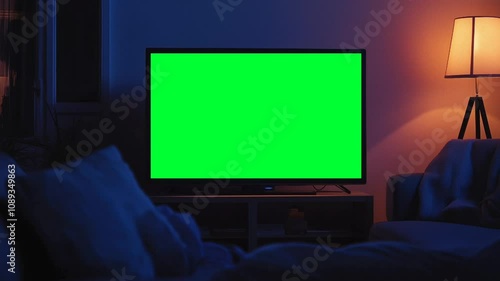 Slow zoom animation of a television with a green screen in the living room