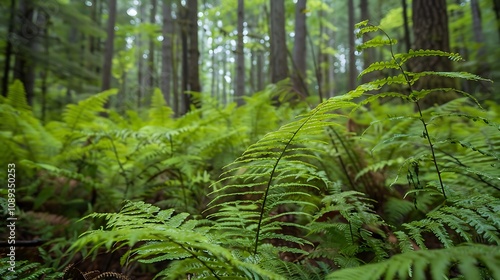 A serene forest scene featuring lush green ferns and tall trees, evoking a sense of tranquility and connection to nature.