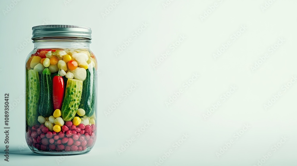 Transparent jar filled with colorful pickled vegetables, isolated on a white background, capturing vibrant colors and freshness. Transparent jar filled with colorful pickled vegetables, isolated on a white background, capturing vibrant colors and freshness.