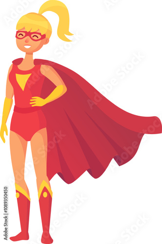 Powerful female superhero in dynamic pose, showcasing strength and confidence, ready to save the day with flowing cape and determined expression