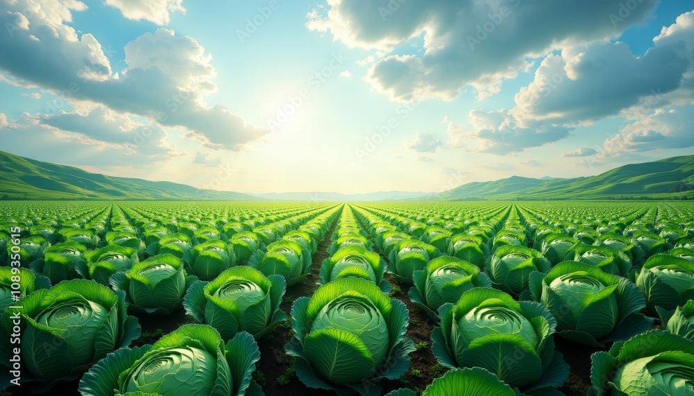 Fototapeta premium Serene Cabbage Field with Lush Green Rows and Dynamic Sky.