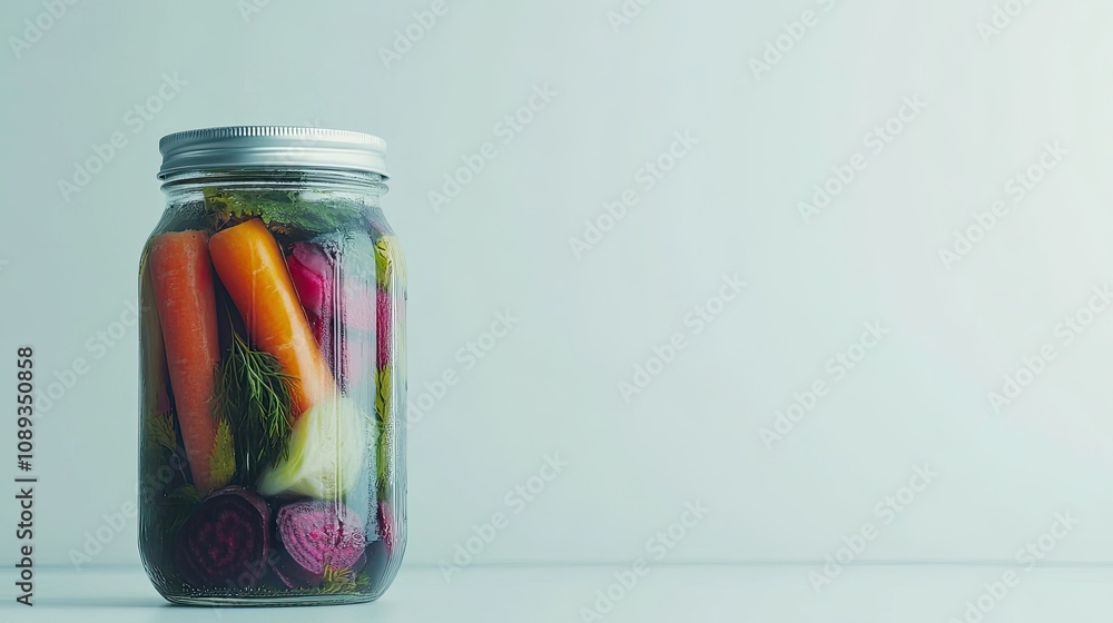 Vibrant pickled vegetables, including beets and carrots, inside a glass jar with a white background for minimalistic style. Vibrant pickled vegetables, including beets and carrots, inside a glass jar with a white background for minimalistic style.