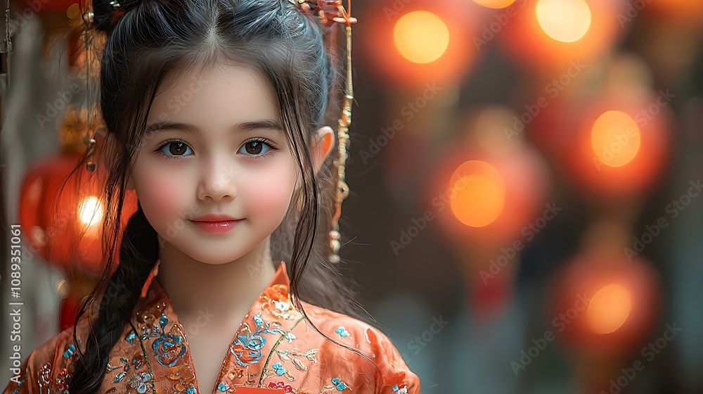 A cheerful child holding a red envelope in a traditional courtyard decorated with lanterns A cheerful child holding a red envelope in a traditional courtyard decorated with lanterns