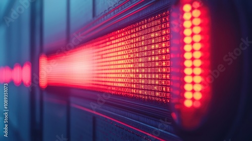 A close-up of a glowing red LED light strip against a dark backdrop, creating a modern and high-tech atmosphere.