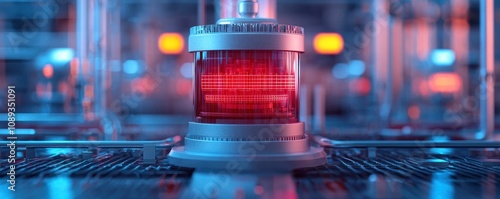 A futuristic, glowing red device surrounded by a high-tech environment with blue and orange lighting, suggesting advanced technology or machinery.