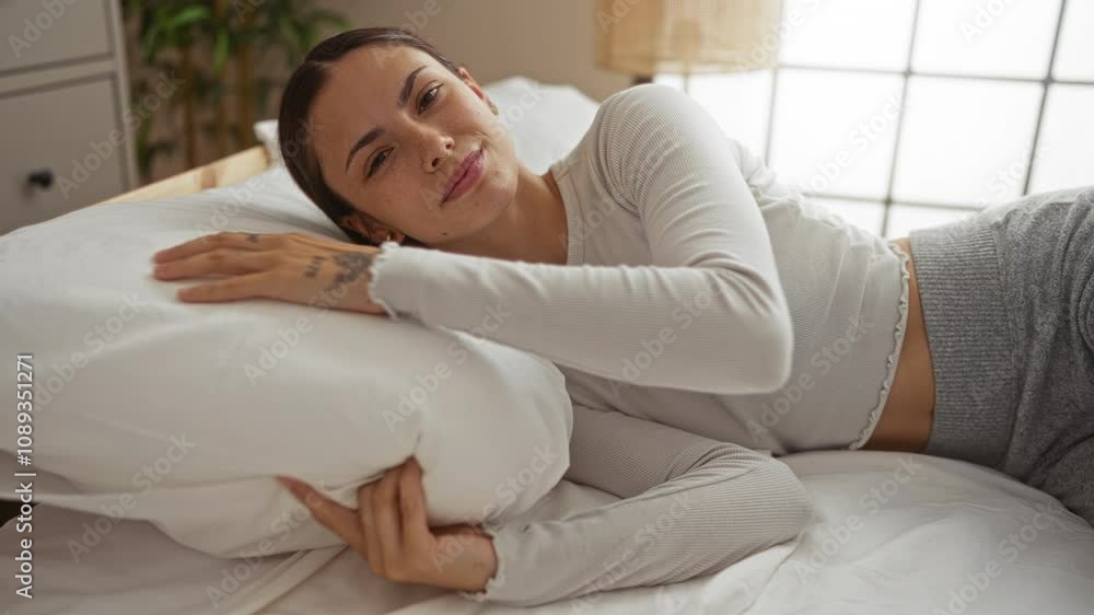 Woman relaxing on bed in cozy bedroom with indoor plants, grey pajamas, and a serene smile, highlighting comfort and tranquility. Woman relaxing on bed in cozy bedroom with indoor plants, grey pajamas, and a serene smile, highlighting comfort and tranquility.