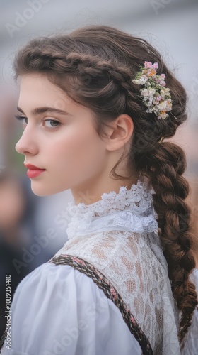 A young Austrian woman in folk attire thoughtfully observes a cultural ceremony