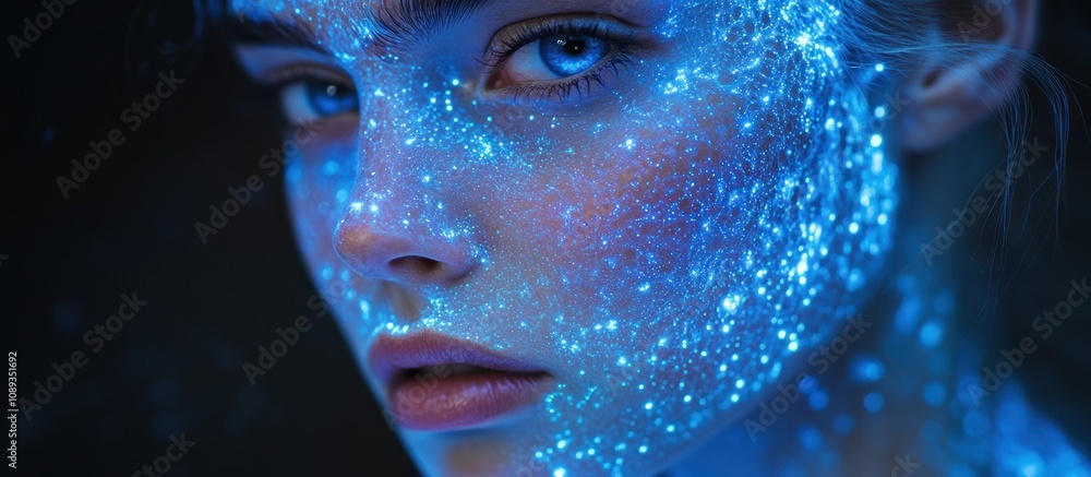 Close-up Portrait of a Woman with Blue Glowing Skin Close-up Portrait of a Woman with Blue Glowing Skin