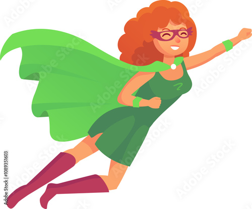 Powerful superhero woman with curly red hair and mask is flying wearing a green costume and cape, smiling and ready for action