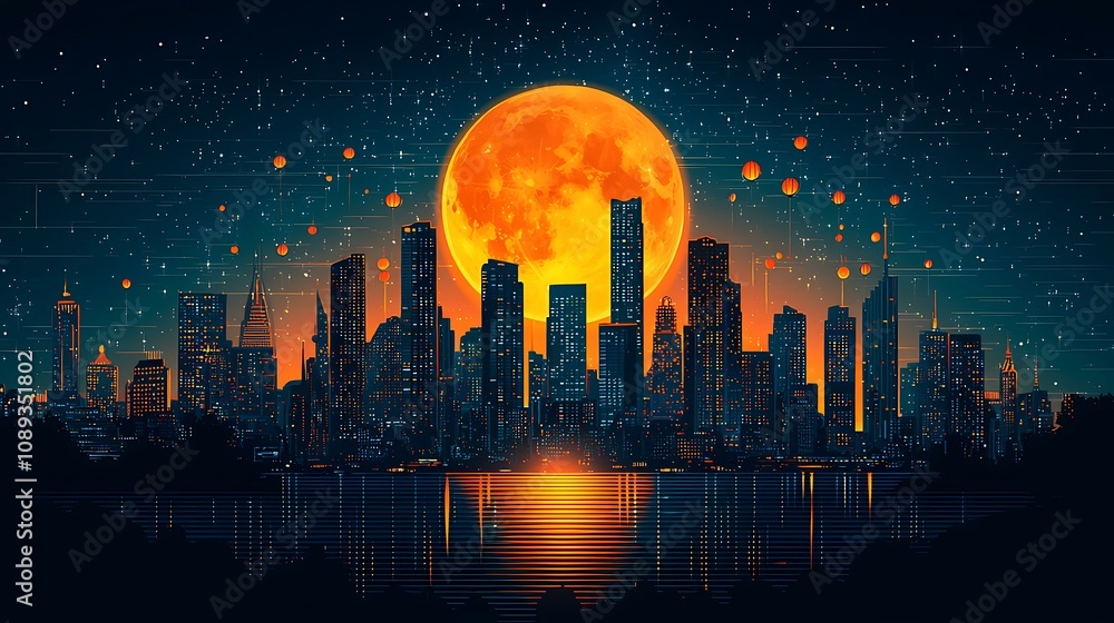 A minimalist vector design of a glowing full moon, hanging lanterns, and '2025' in elegant typography A minimalist vector design of a glowing full moon, hanging lanterns, and '2025' in elegant typography