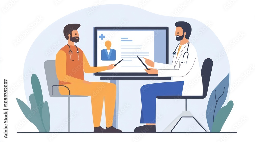 Doctor discussing medical records with patient on a computer screen in an office. Doctor discussing medical records with patient on a computer screen in an office.
