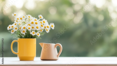fresh daisies in a vibrant yellow vase with a creamcolored jug on a wooden table